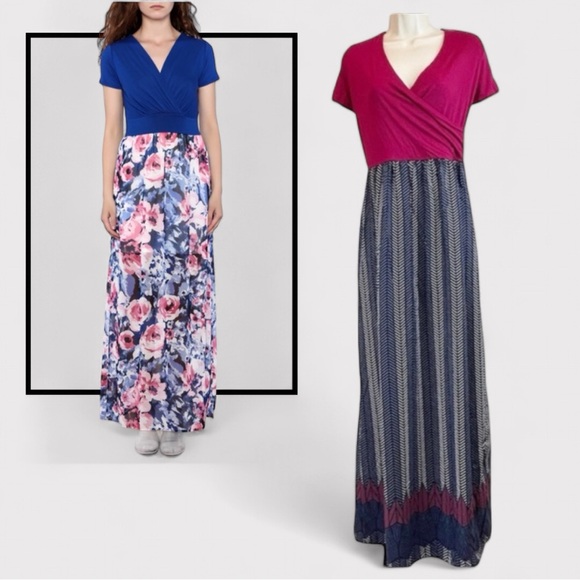 GILLI Faux Wrap Magenta Herringbone Print Maxi Dress - Picture 1 of 10